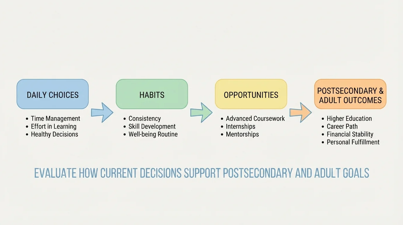 flowchart showing daily choices leading to habits, habits leading to opportunities, and opportunities leading to postsecondary and adult outcomes