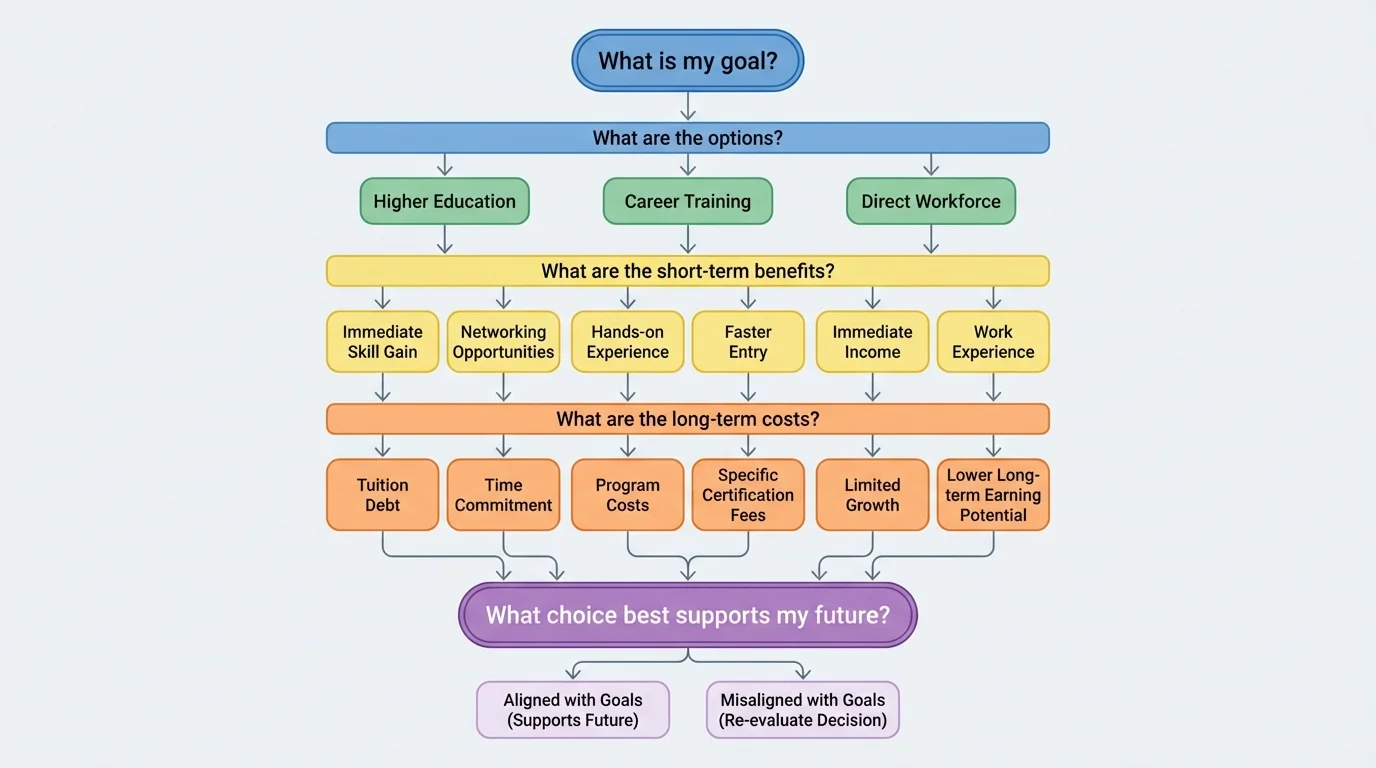 decision tree with questions What is my goal, What are the options, What are the short-term benefits, What are the long-term costs, and What choice best supports my future