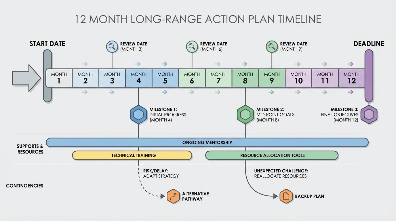 timeline for a 12-month goal with milestone markers, review dates, and deadline labels