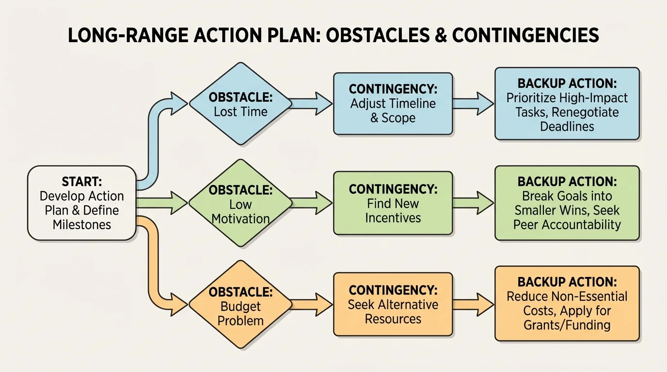 decision tree showing obstacles like lost time, low motivation, and budget problem leading to specific backup actions
