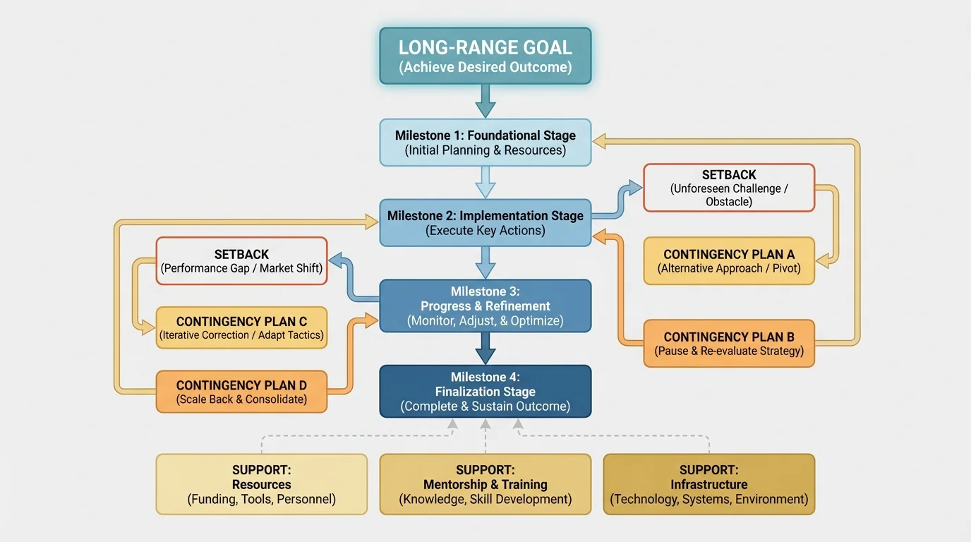 flowchart showing a long-range goal at the top, milestones in sequence, supports underneath, and contingency branches for setbacks