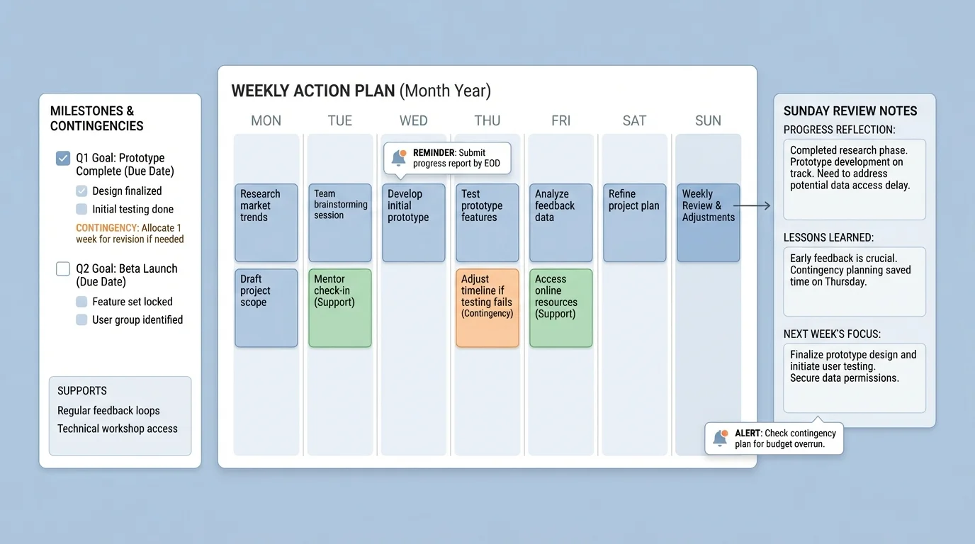 illustration of a digital weekly planning system with calendar blocks, milestone checklist, reminder notifications, and Sunday review notes