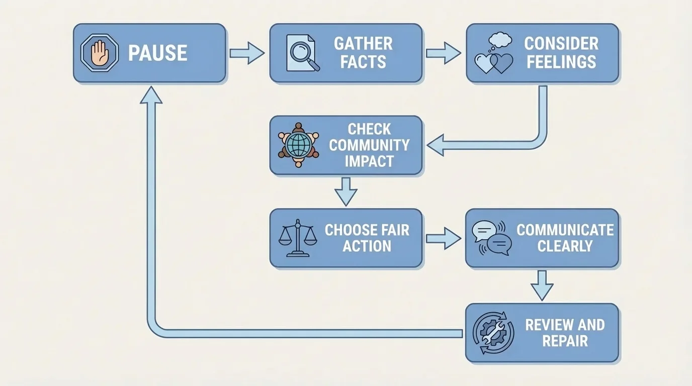 Ethical decision-making flowchart with boxes labeled pause, gather facts, consider feelings, check community impact, choose fair action, communicate clearly, review and repair