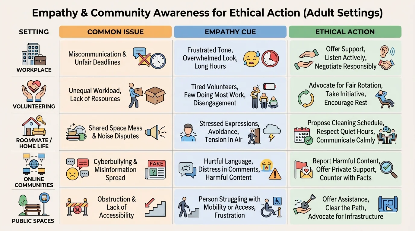 Comparison chart for workplace, volunteering, roommate or home life, online communities, and public spaces with columns labeled common issue, empathy cue, and ethical action