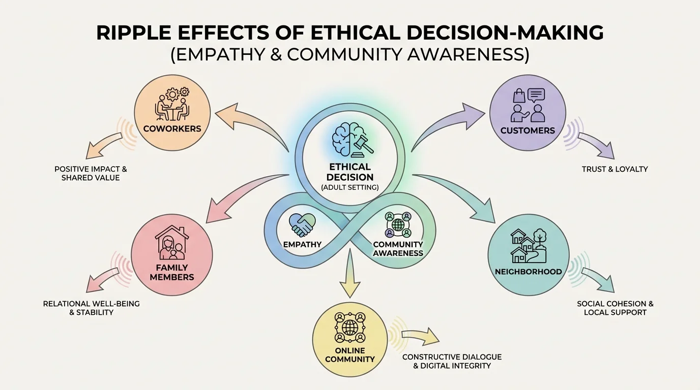 One decision at the center with arrows to coworkers, customers, family members, neighborhood, and online community, showing ripple effects and who is impacted
