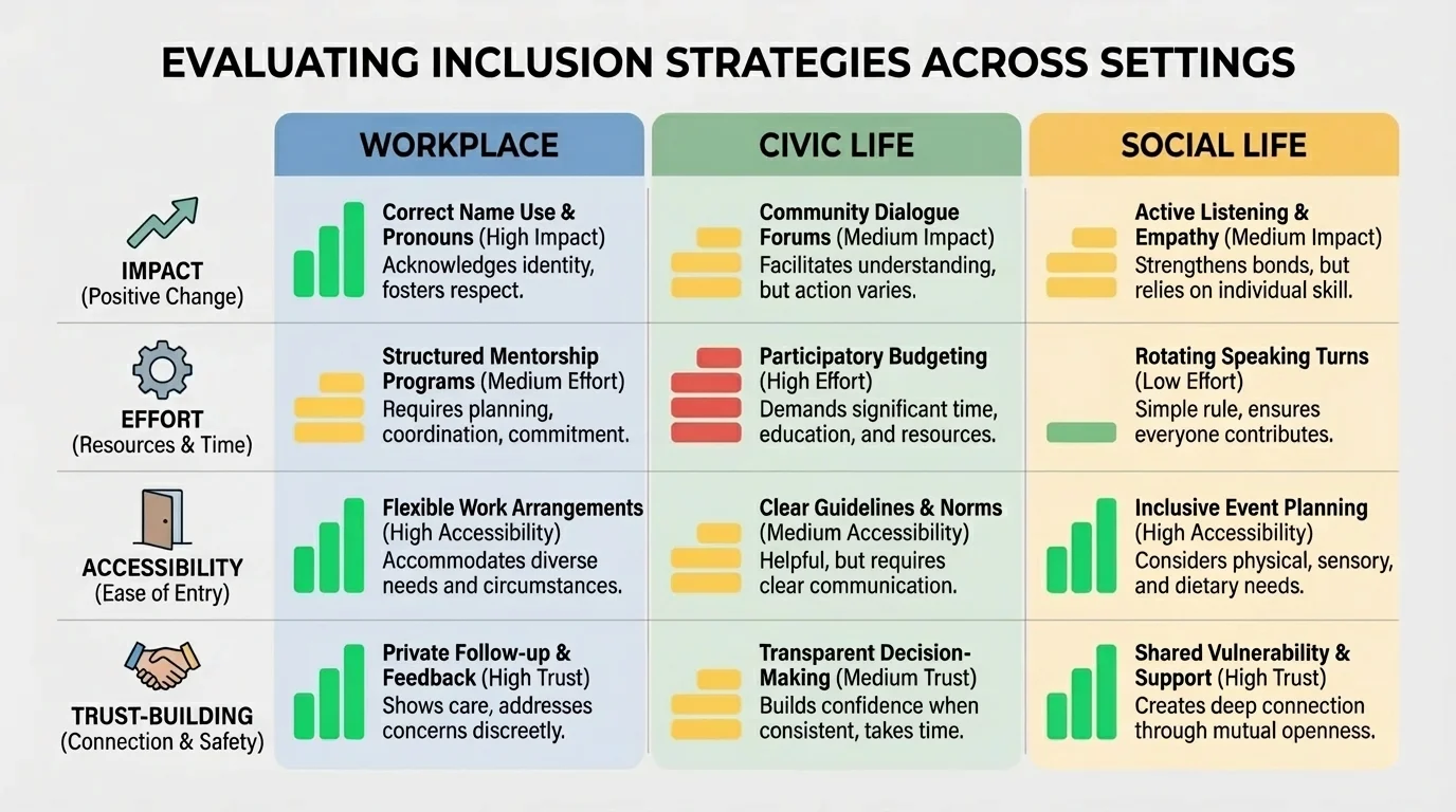 Comparison chart of inclusion strategies across work, civic, and social settings rated by impact, effort, accessibility, and trust-building, including examples such as correct name use, rotating speaking turns, clear guidelines, and private follow-up