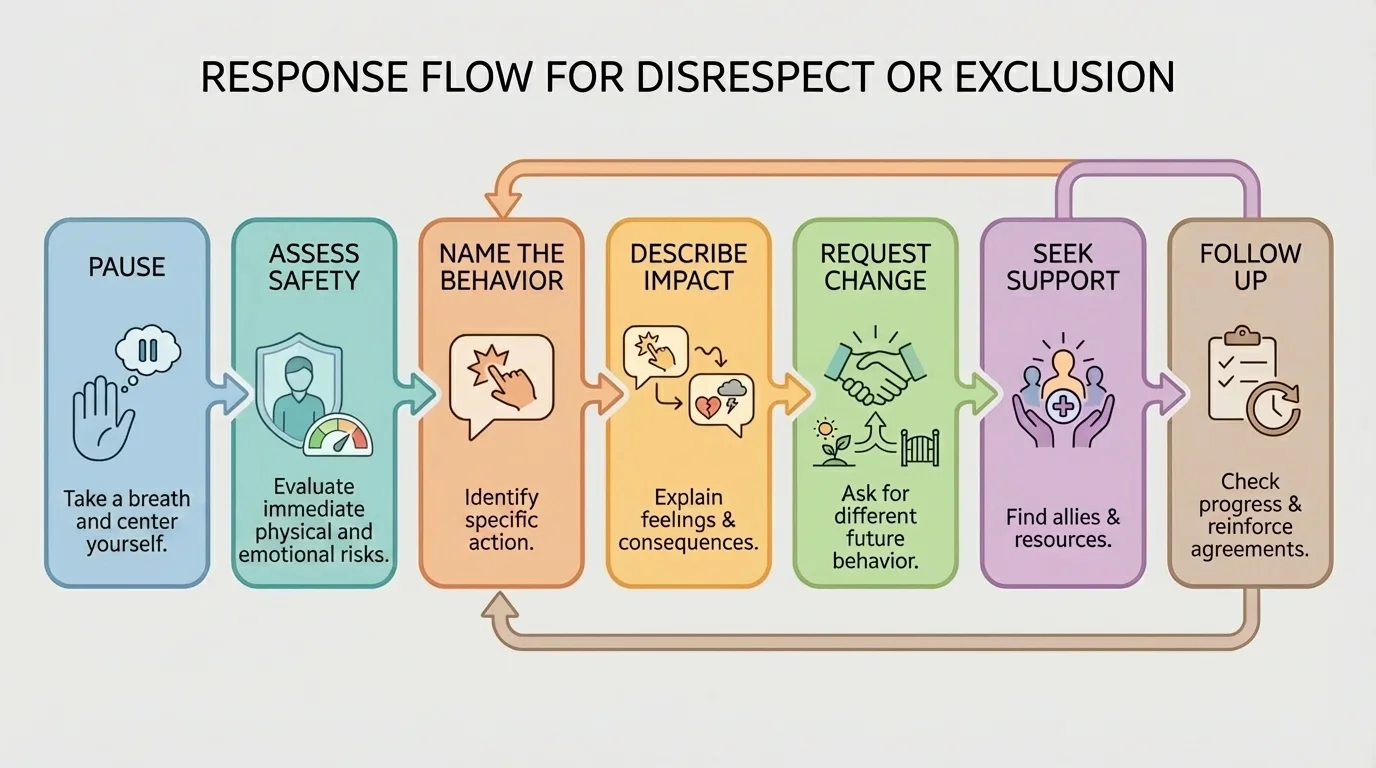 Response flow for disrespect or exclusion: pause, assess safety, name the behavior, describe impact, request change, seek support, follow up