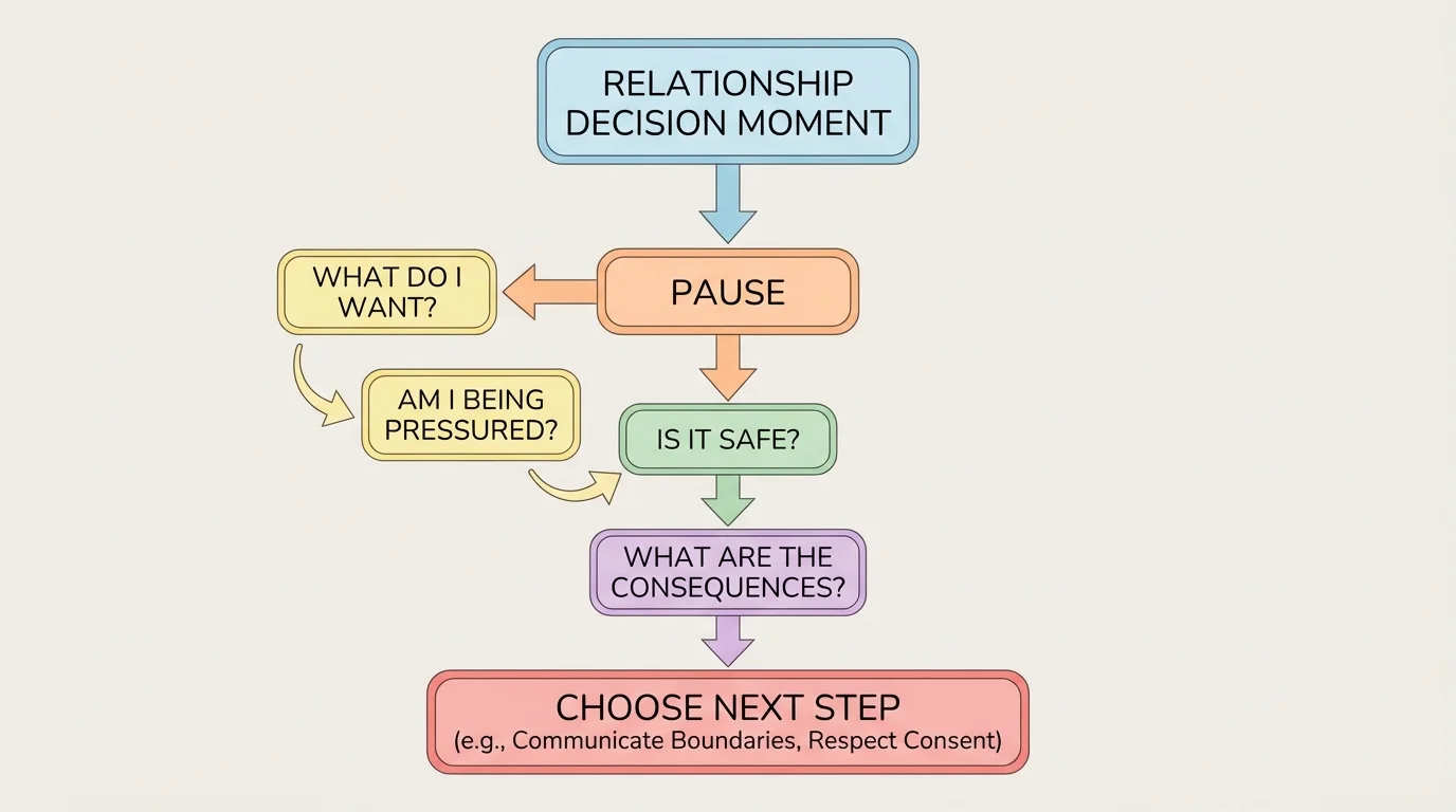 Decision-making flowchart for relationship choices with boxes pause, what do I want, am I being pressured, is it safe, what are the consequences, choose next step