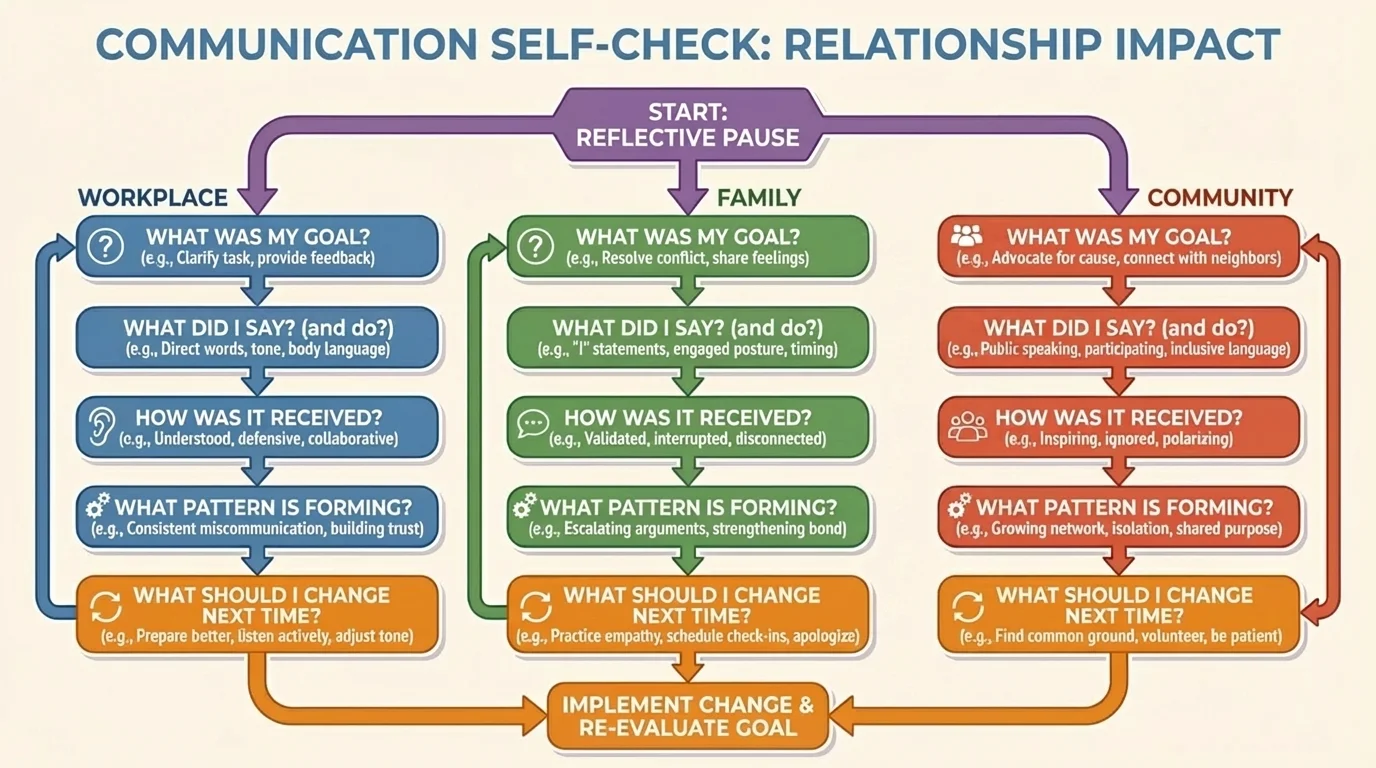 Flowchart for self-check questions What was my goal what did I say how was it received what pattern is forming what should I change next time