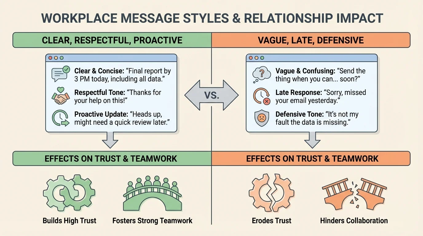 Chart comparing two workplace message styles clear respectful proactive versus vague late defensive with effects on trust and teamwork