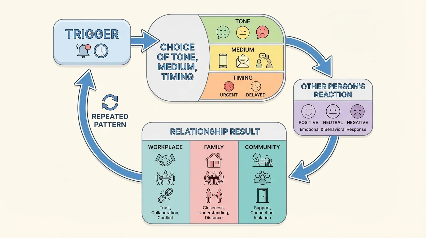 Flowchart showing communication habit cycle: trigger, choice of tone medium timing, other person's reaction, relationship result, repeated pattern