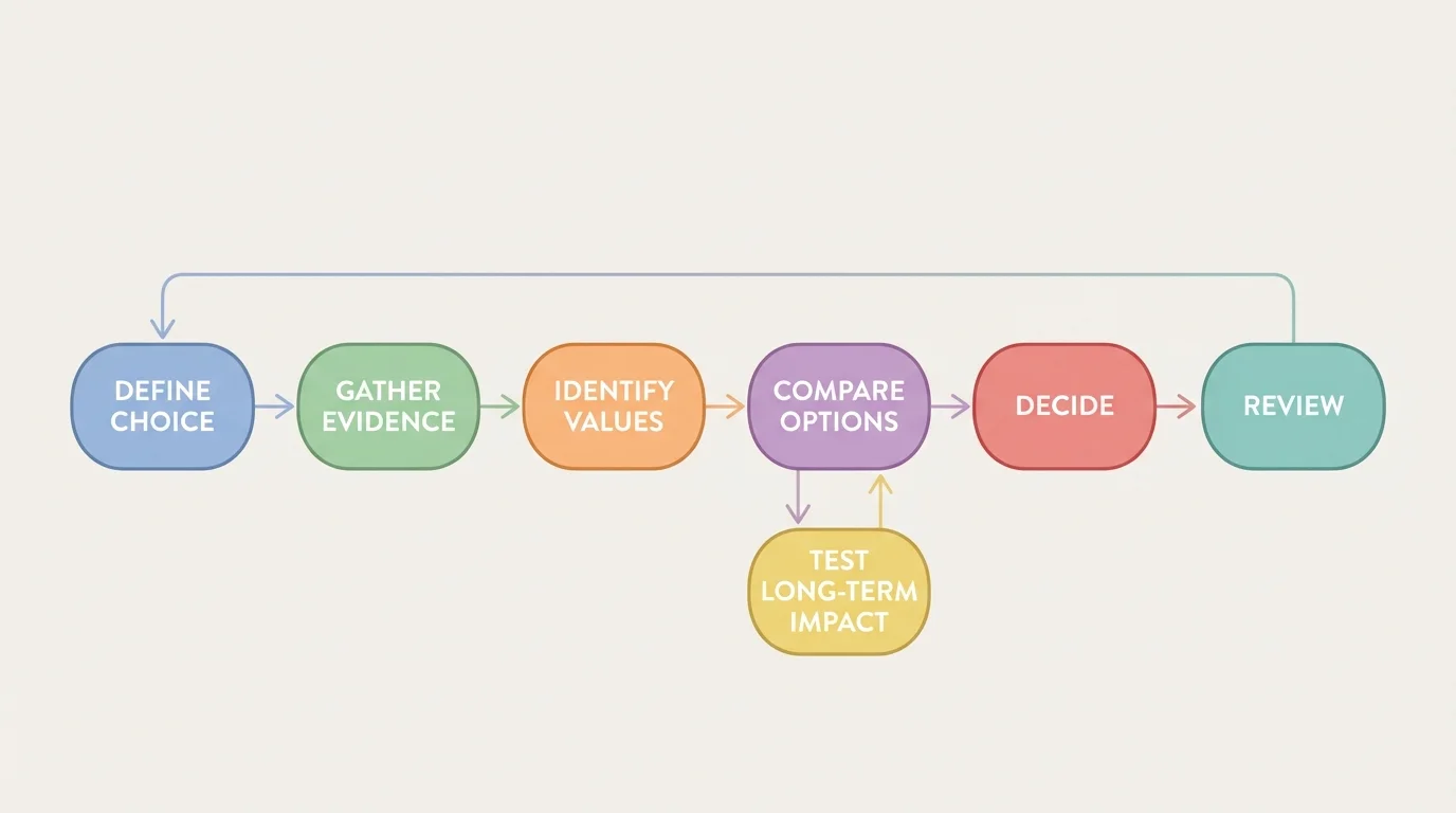 Flowchart showing decision steps: define choice, gather evidence, identify values, compare options, test long-term impact, decide, review