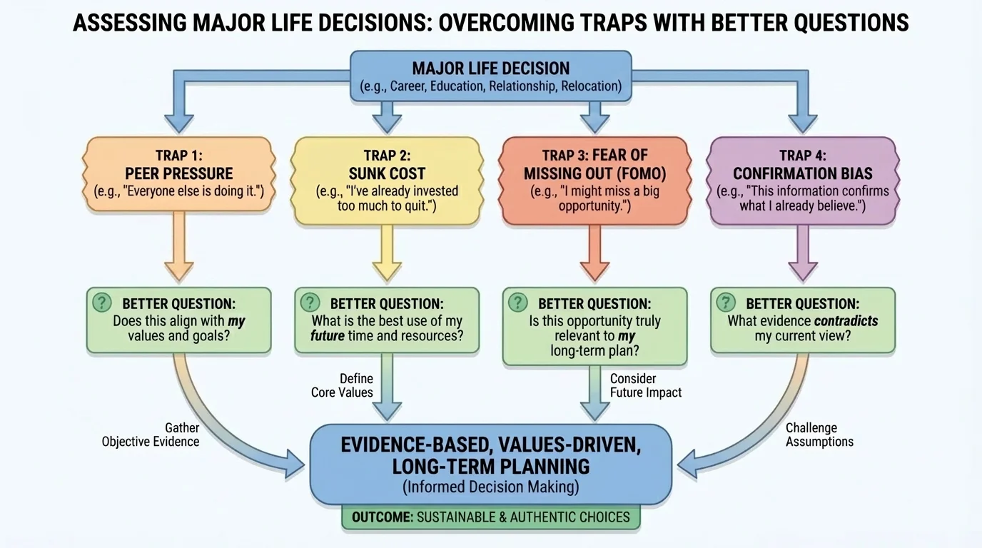 Flowchart showing traps such as peer pressure, sunk cost, fear of missing out, and confirmation bias, each pointing to a better question to ask