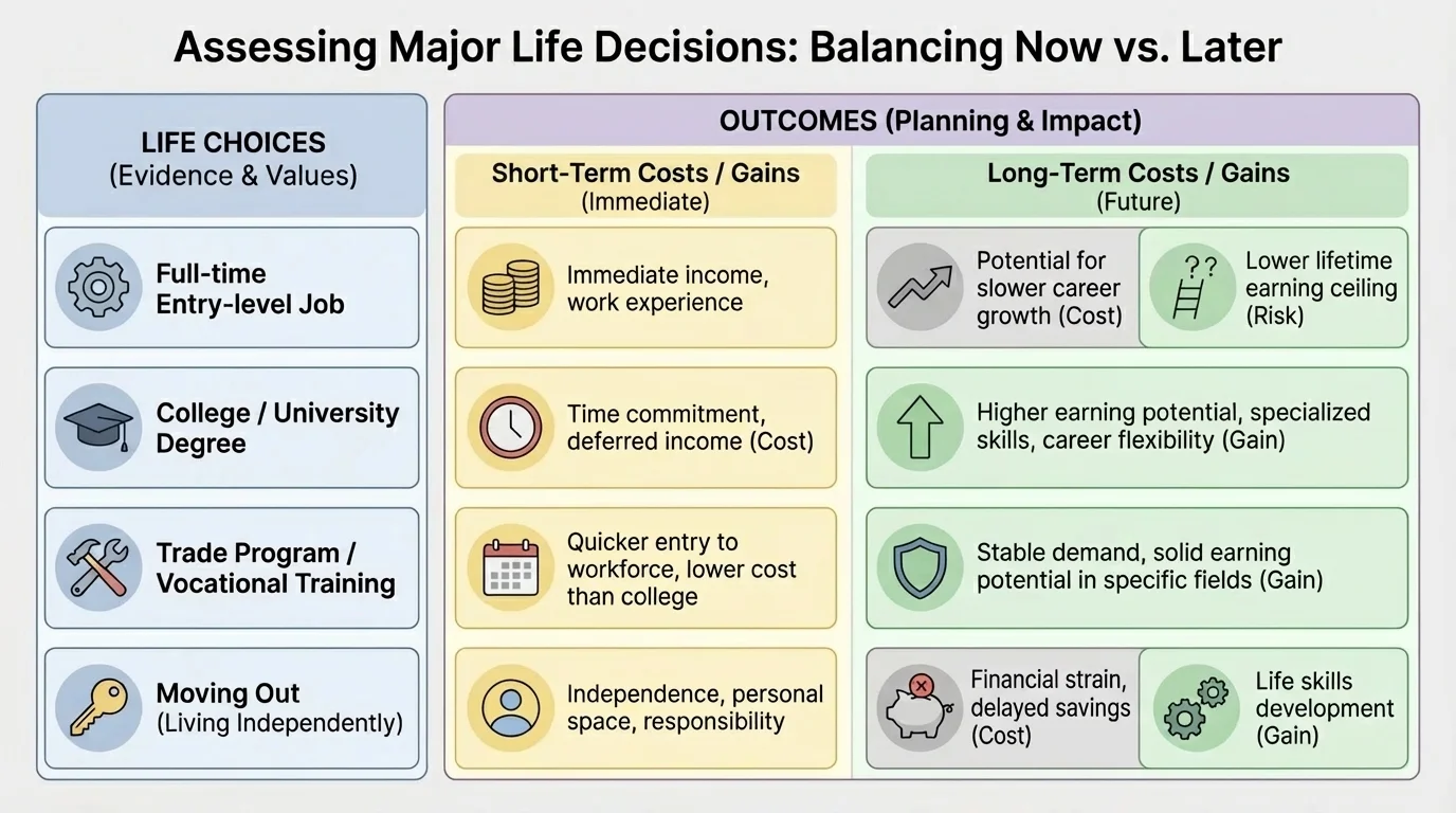 Two-column comparison chart for choices like full-time job, college, trade program, and moving out, with short-term benefits and long-term costs or gains