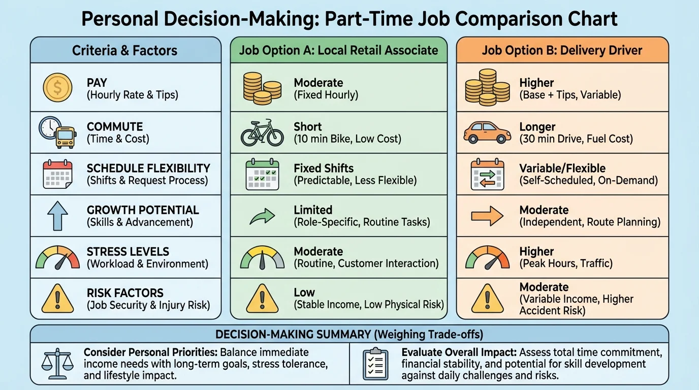chart comparing two part-time job options by pay, commute, schedule flexibility, growth, stress, and risk factors