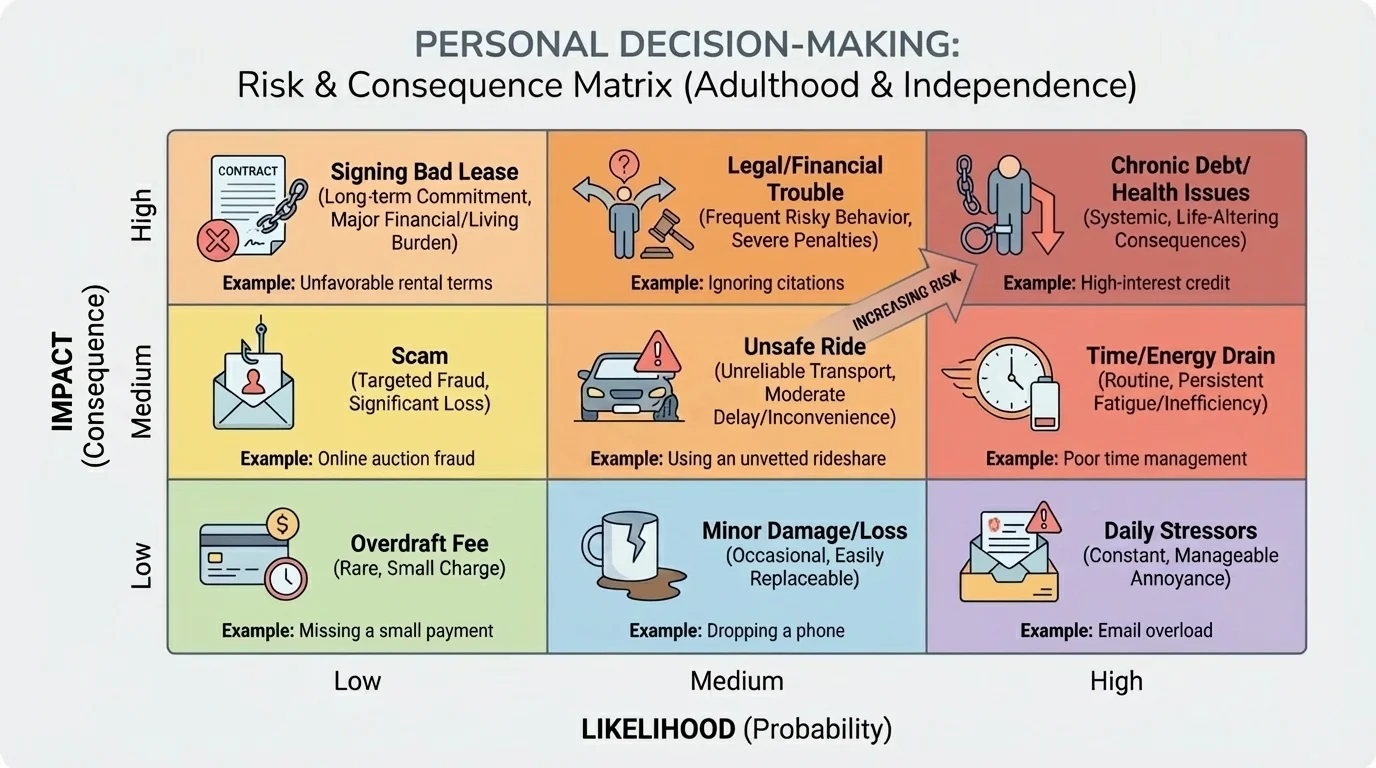 chart showing low, medium, high likelihood and low, medium, high impact with examples like overdraft fee, scam, unsafe ride, signing bad lease