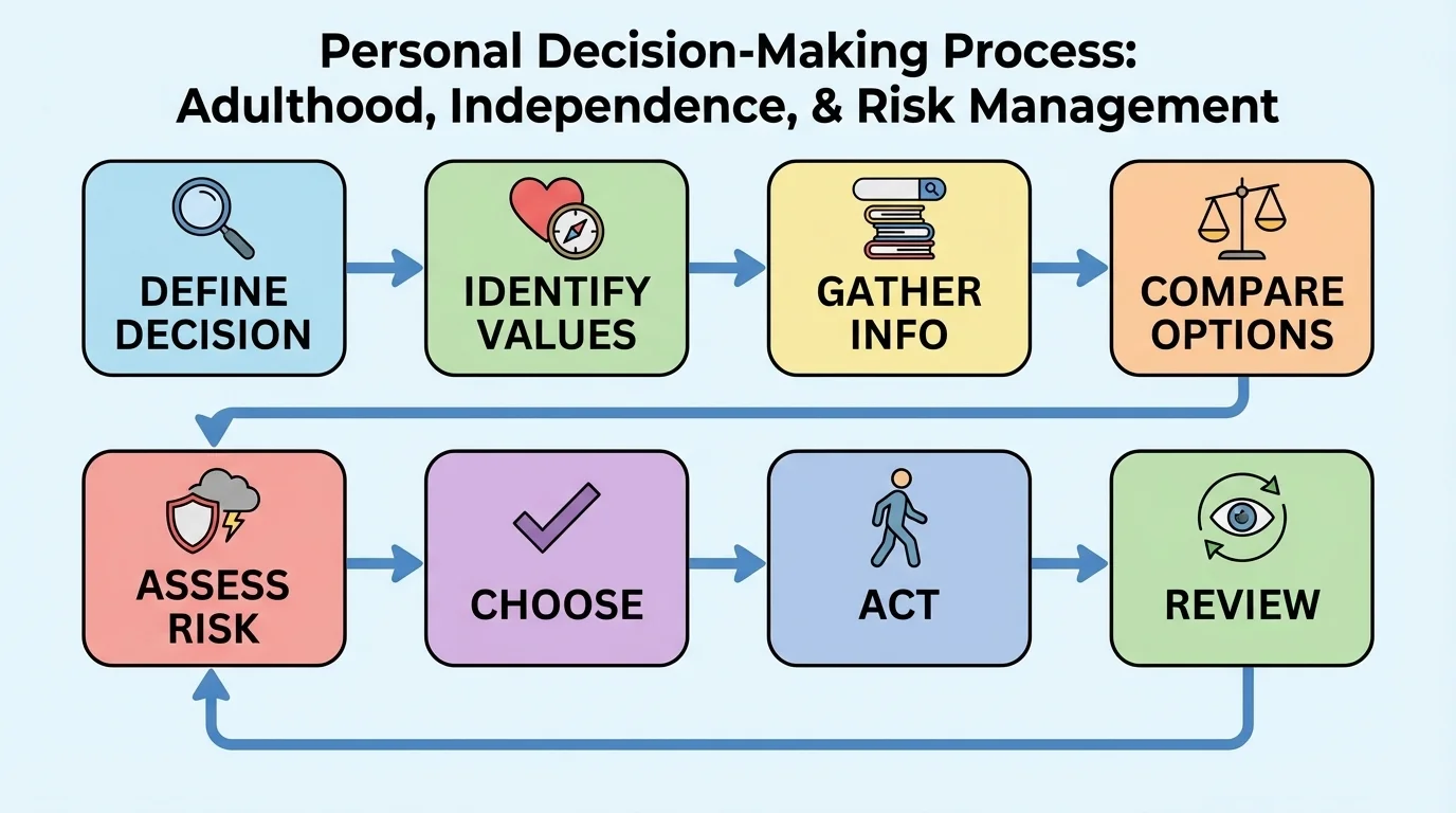 flowchart of personal decision-making steps: define decision, identify values, gather info, compare options, assess risk, choose, act, review