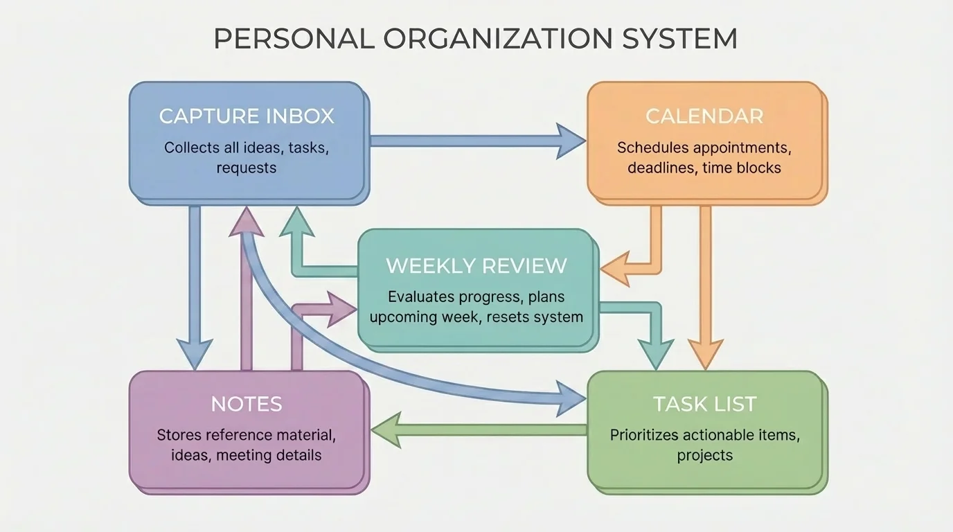 Flowchart showing five connected parts of a personal organization system: capture inbox, calendar, task list, notes, and weekly review with arrows between them