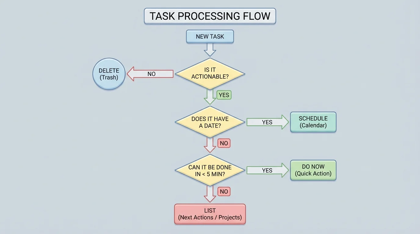 Flowchart for processing a new task: is it actionable, does it have a date, can it be done in under 5 minutes, should it be scheduled, listed, or deleted