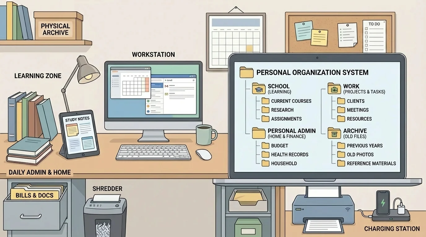 Illustration of a home study workspace with labeled zones and a laptop folder structure for school, work, personal admin, and archive