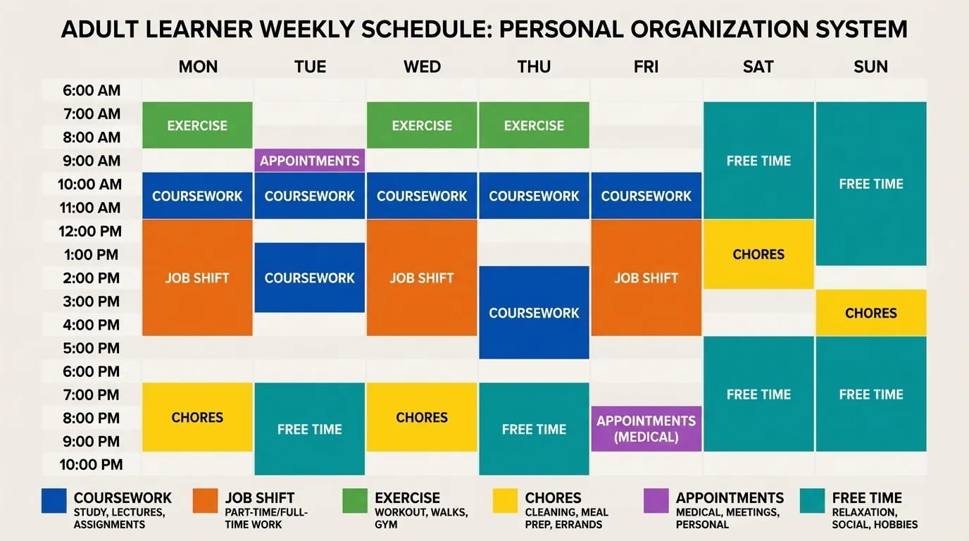 Chart of a weekly student schedule with color-coded blocks for coursework, job shift, exercise, chores, appointments, and free time
