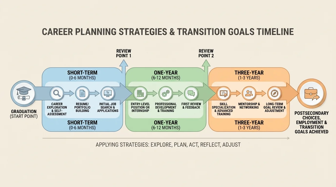 Timeline showing short-term, one-year, and three-year career planning milestones from graduation to training, work experience, and review points