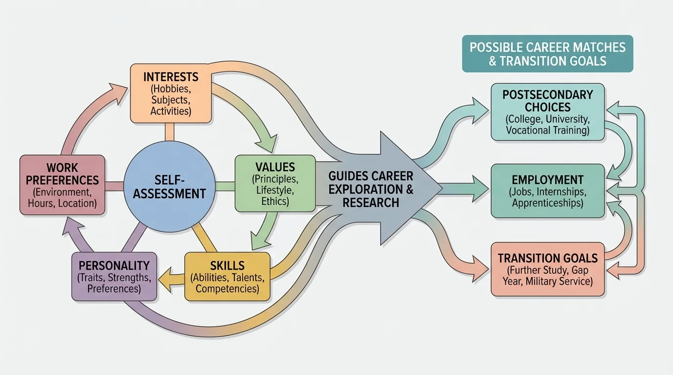 Flowchart showing self-assessment categories—interests, values, skills, personality, and work preferences—leading to possible career matches
