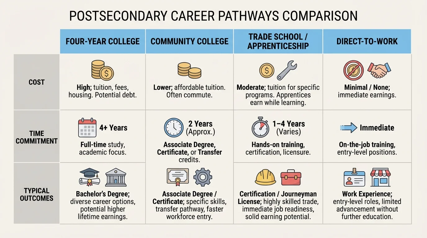 Chart comparing four postsecondary pathways—four-year college, community college, trade school/apprenticeship, and direct-to-work—by cost, time, and typical outcomes