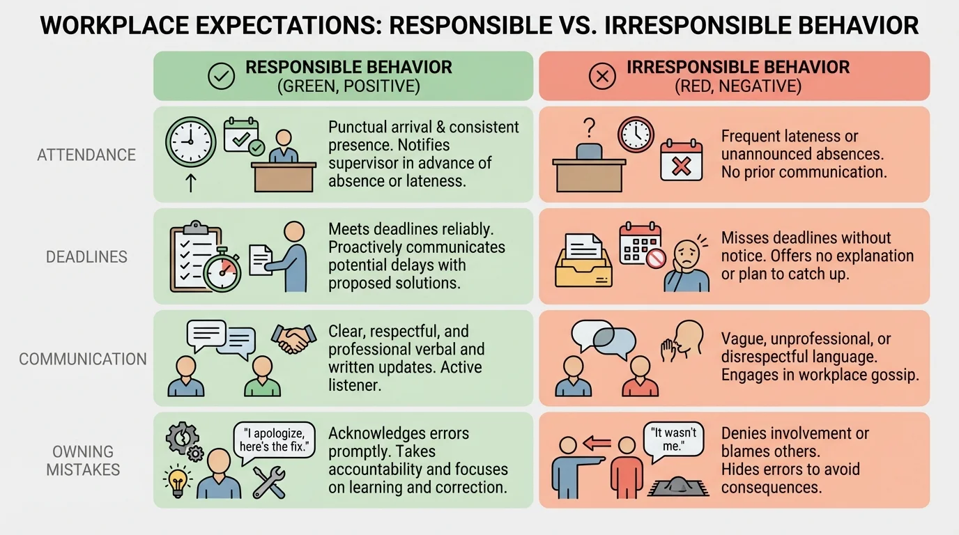 Comparison chart showing responsible versus irresponsible workplace behaviors in attendance, deadlines, communication, and owning mistakes