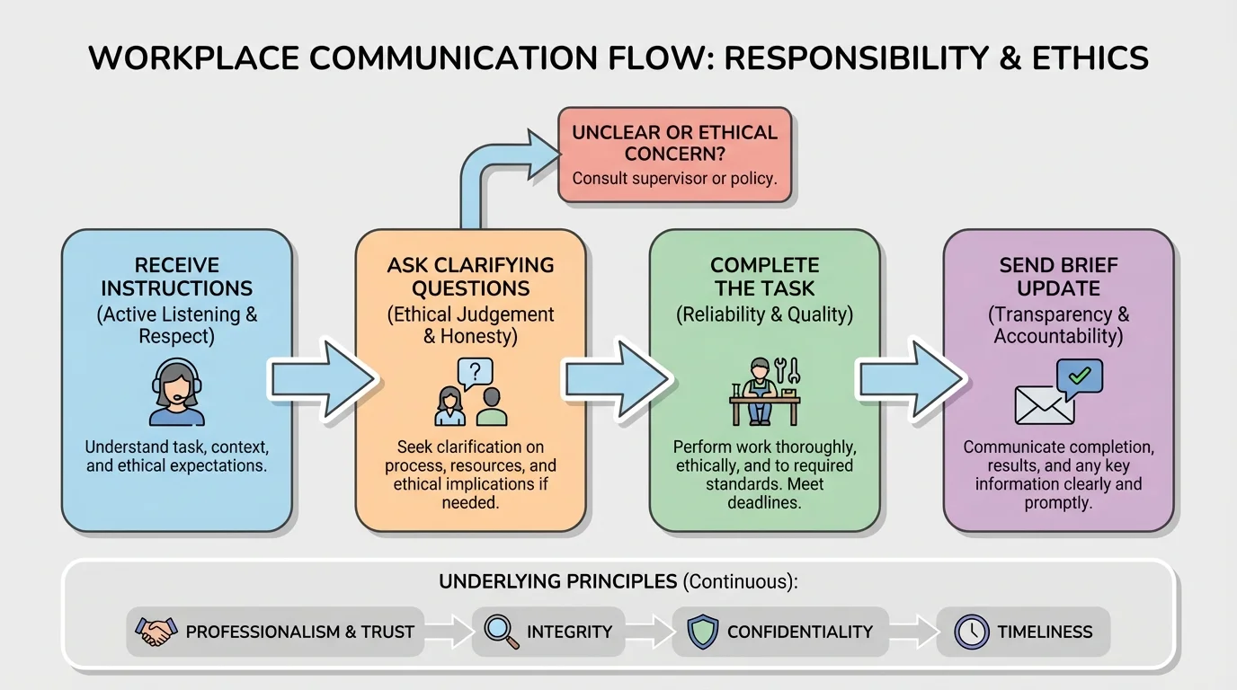 Flowchart of workplace communication steps from receiving instructions to asking clarifying questions, completing the task, and sending a brief update