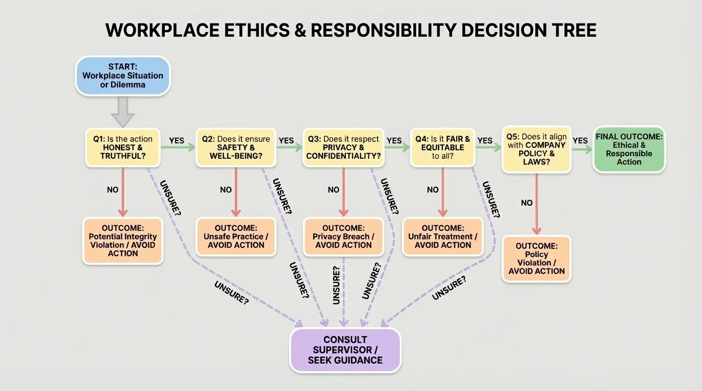 Decision tree for workplace ethics showing questions about honesty, safety, privacy, fairness, policy, and when to ask a supervisor