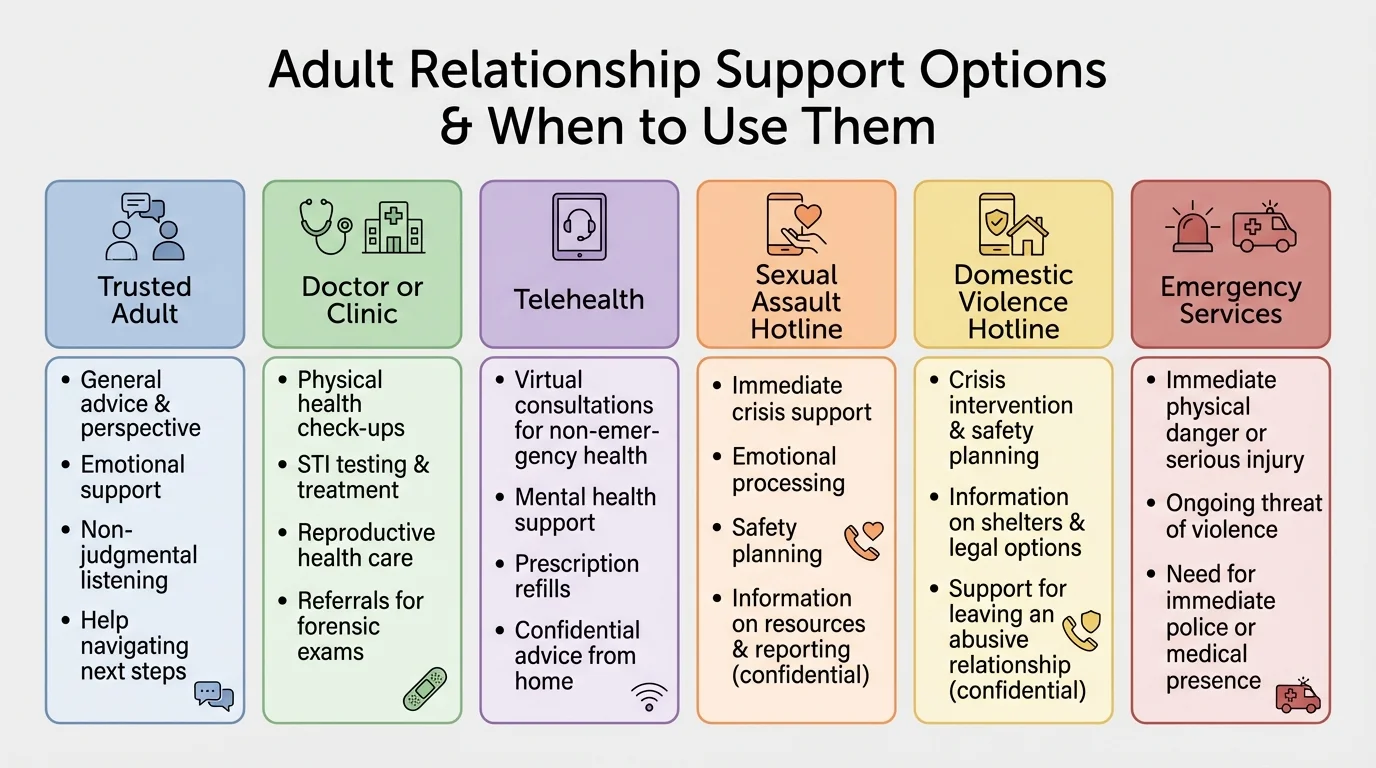 comparison chart of support options including trusted adult, doctor or clinic, telehealth, sexual assault hotline, domestic violence hotline, and emergency services with when to use each