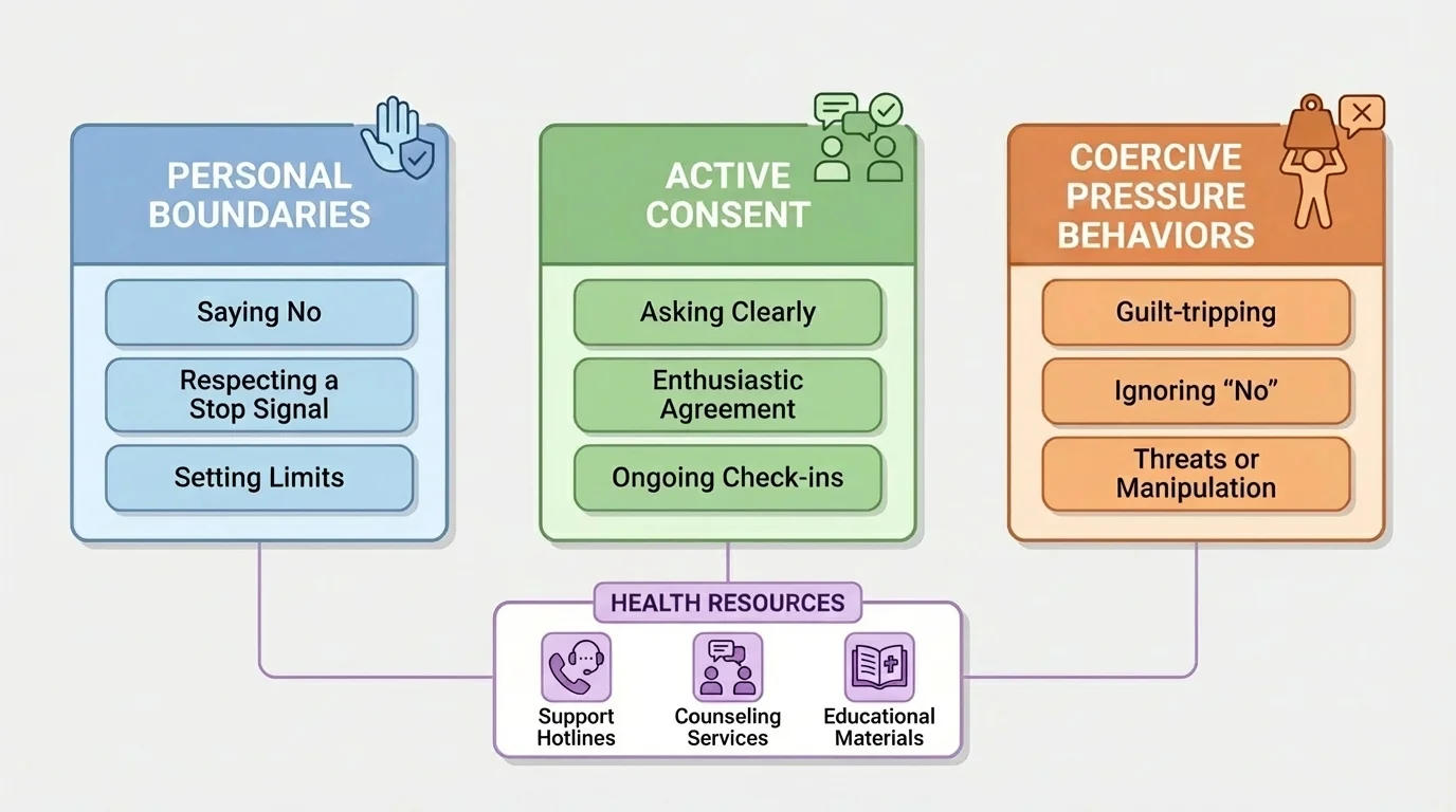 three connected labeled zones showing personal boundaries, active consent, and coercive pressure behaviors with examples like saying no, asking clearly, guilt-tripping, and respecting a stop signal