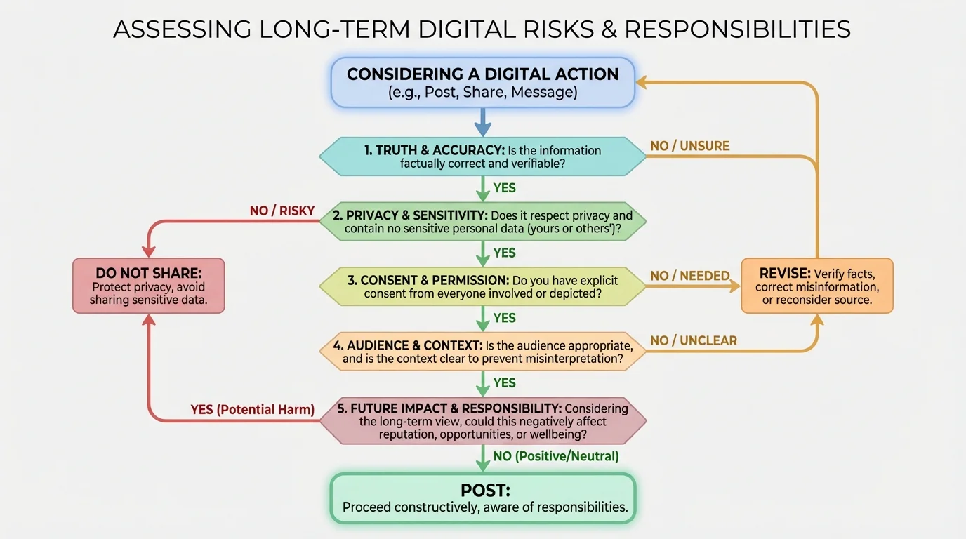 Flowchart decision tree with questions about truth, privacy, consent, audience, and future impact leading to post, revise, or do not share