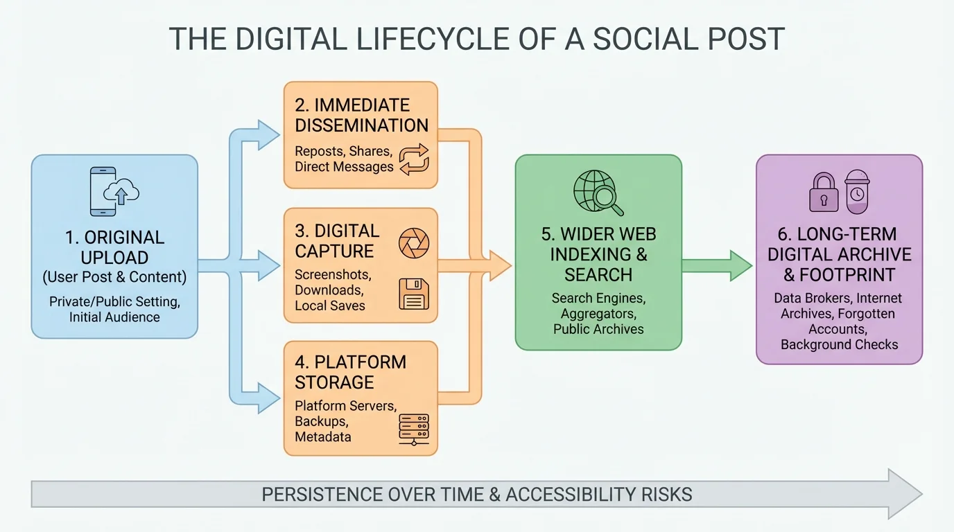 Flowchart showing a social post moving from original upload to screenshots, reposts, search results, and long-term digital archive