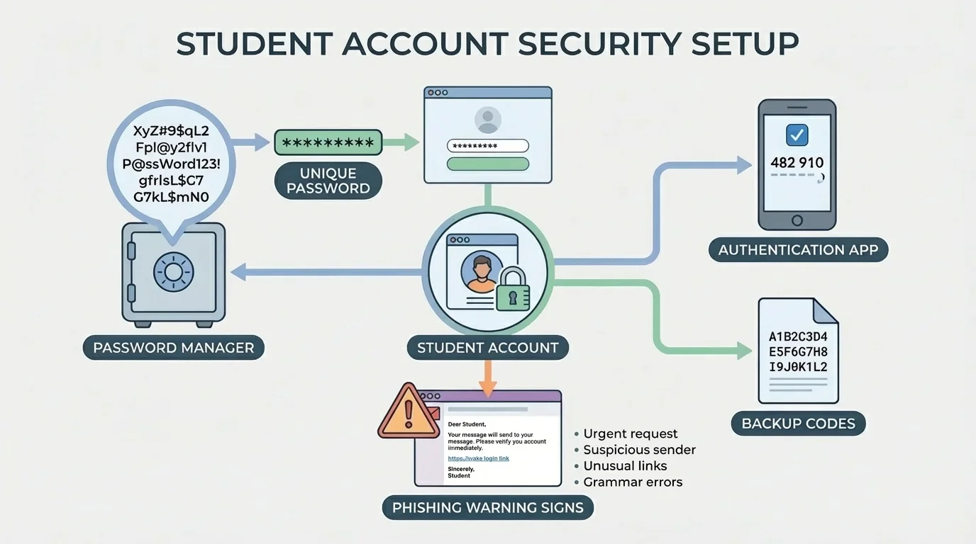 Diagram of a student account security setup with password manager, unique password, authentication app, backup codes, and phishing warning signs