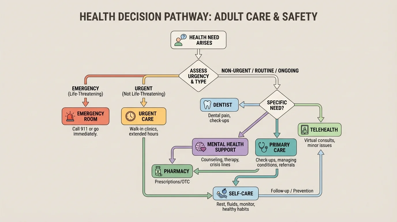 Flowchart showing decision path between self-care, primary care, telehealth, urgent care, emergency room, dentist, pharmacy, and mental health support