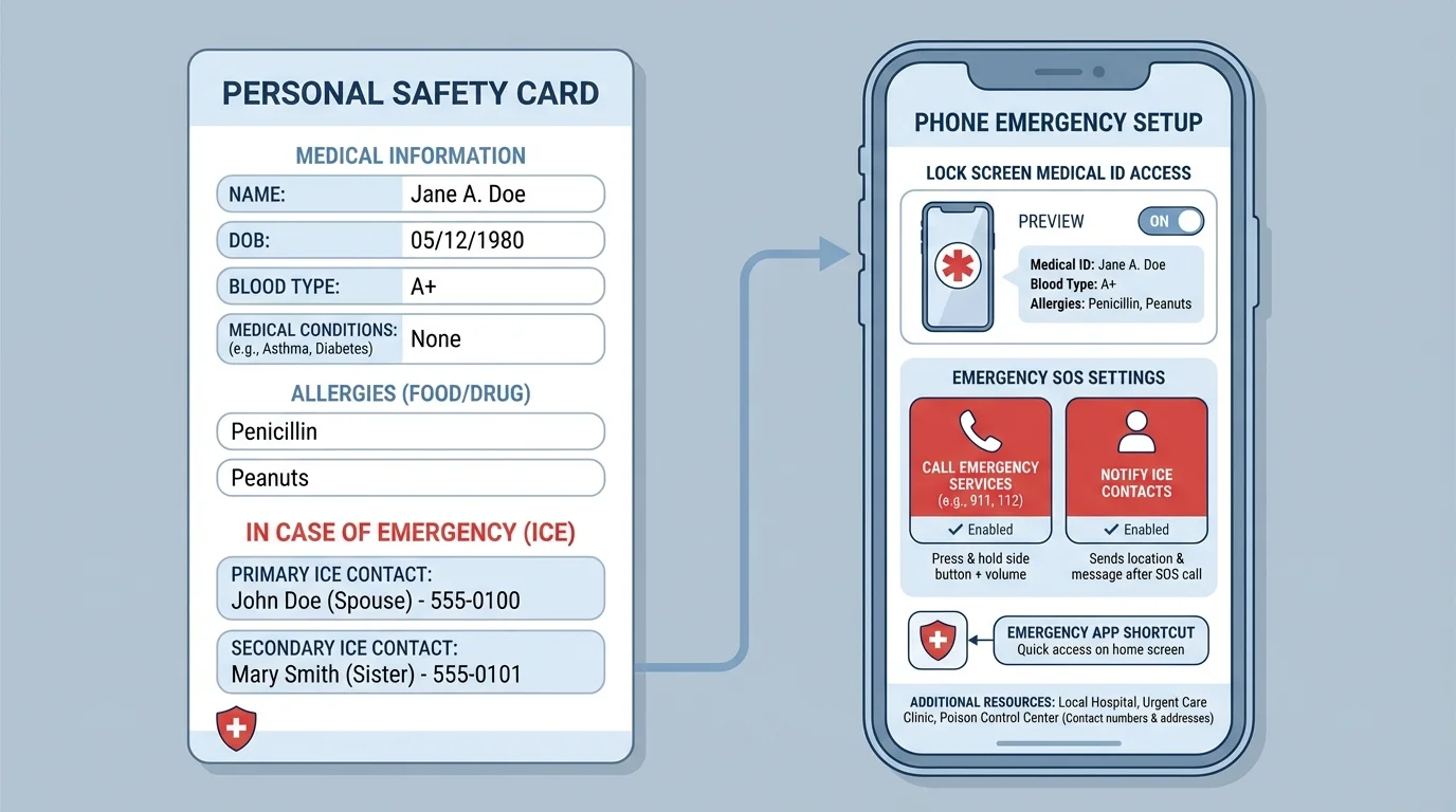 Diagram of a personal safety card and phone emergency setup with medical info, ICE contact, allergies, and emergency services