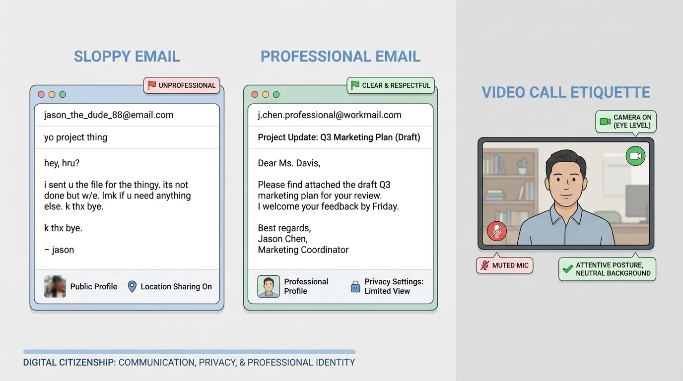 side-by-side comparison of a sloppy email and a professional email, plus a small video call screen showing good etiquette such as muted mic, camera at eye level, and attentive posture