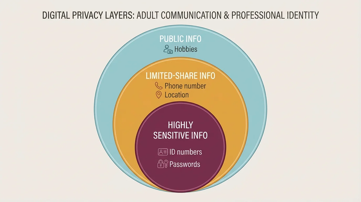 concentric privacy layers labeled public info, limited-share info, and highly sensitive info, with examples such as hobbies, phone number, location, ID numbers, passwords