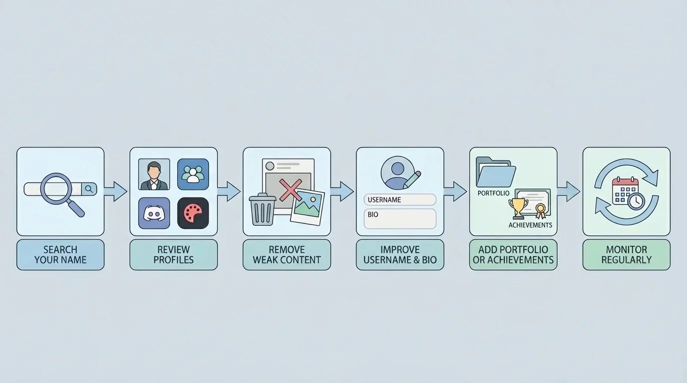 online presence audit flow showing search your name, review profiles, remove weak content, improve username and bio, add portfolio or achievements, and monitor regularly