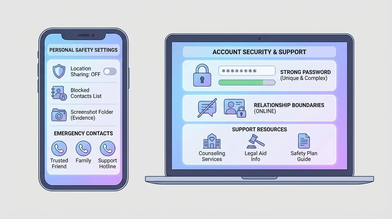 phone and laptop screen with privacy settings icons, strong password, blocked contacts list, location sharing off toggle, screenshot folder, and emergency contacts