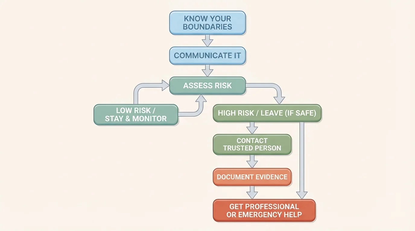 flowchart for a personal safety plan with boxes for know boundary, communicate it, assess risk, leave or stay, contact trusted person, document evidence, get professional or emergency help