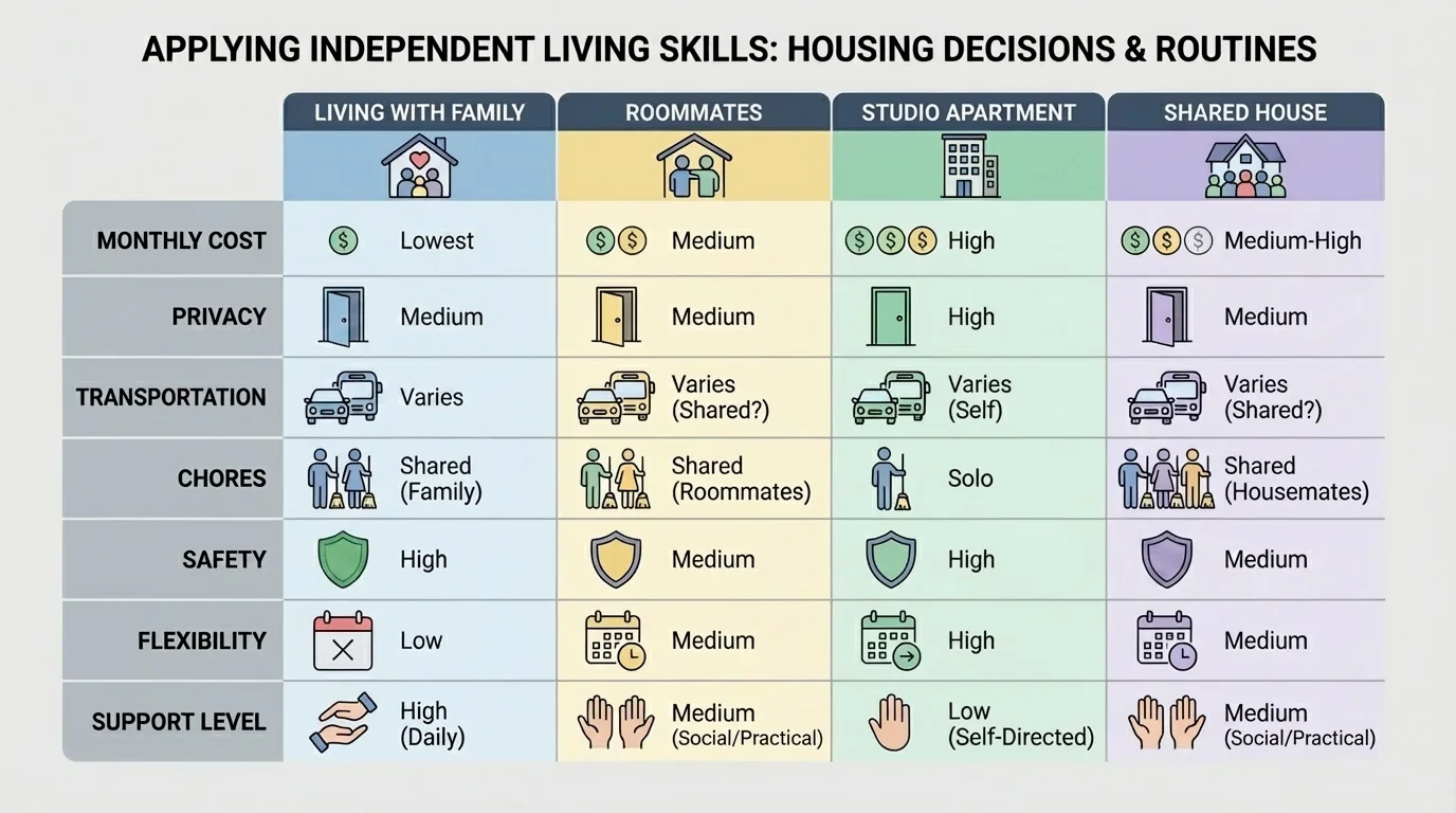 Comparison chart for living with family, roommates, studio apartment, and shared house with rows for monthly cost, privacy, transportation, chores, safety, flexibility, and support level