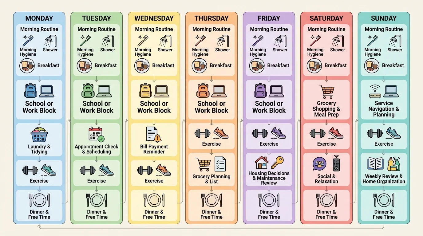 Weekly independent-living routine with morning hygiene, meals, school or work blocks, exercise, laundry day, grocery planning, bill reminder, and appointment check arranged in a clear weekly flow