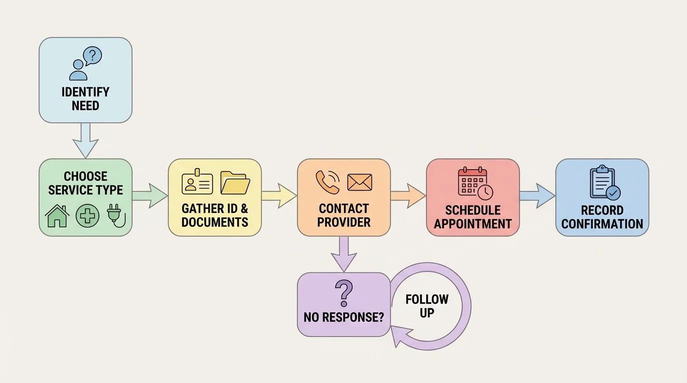 Service navigation flowchart starting with identify need, then choose service type, gather ID and documents, contact provider, schedule appointment, record confirmation, and follow up if no response