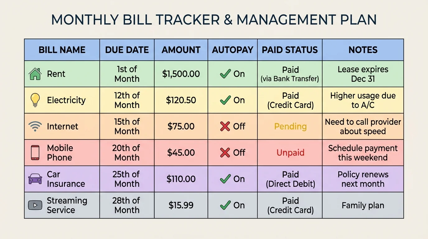 Chart showing a monthly bill tracker with columns for bill name, due date, amount, autopay, paid status, and notes