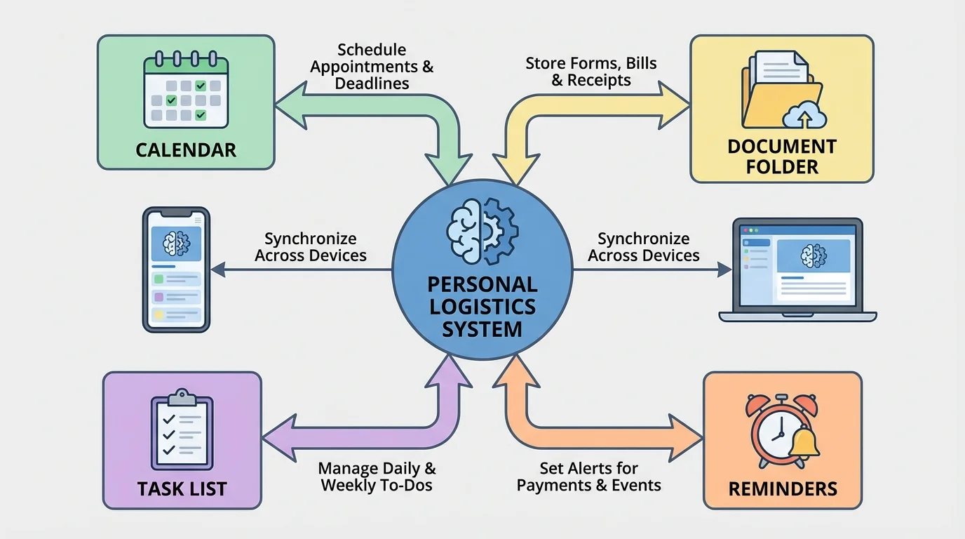 Flowchart showing one central personal logistics system connecting calendar, task list, document folder, and reminders on a phone and laptop