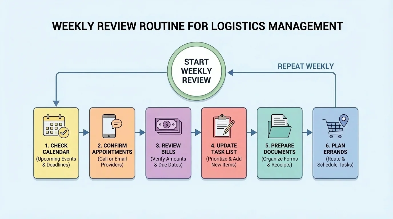 Flowchart showing a weekly review routine with steps check calendar, confirm appointments, review bills, update task list, prepare documents, and plan errands