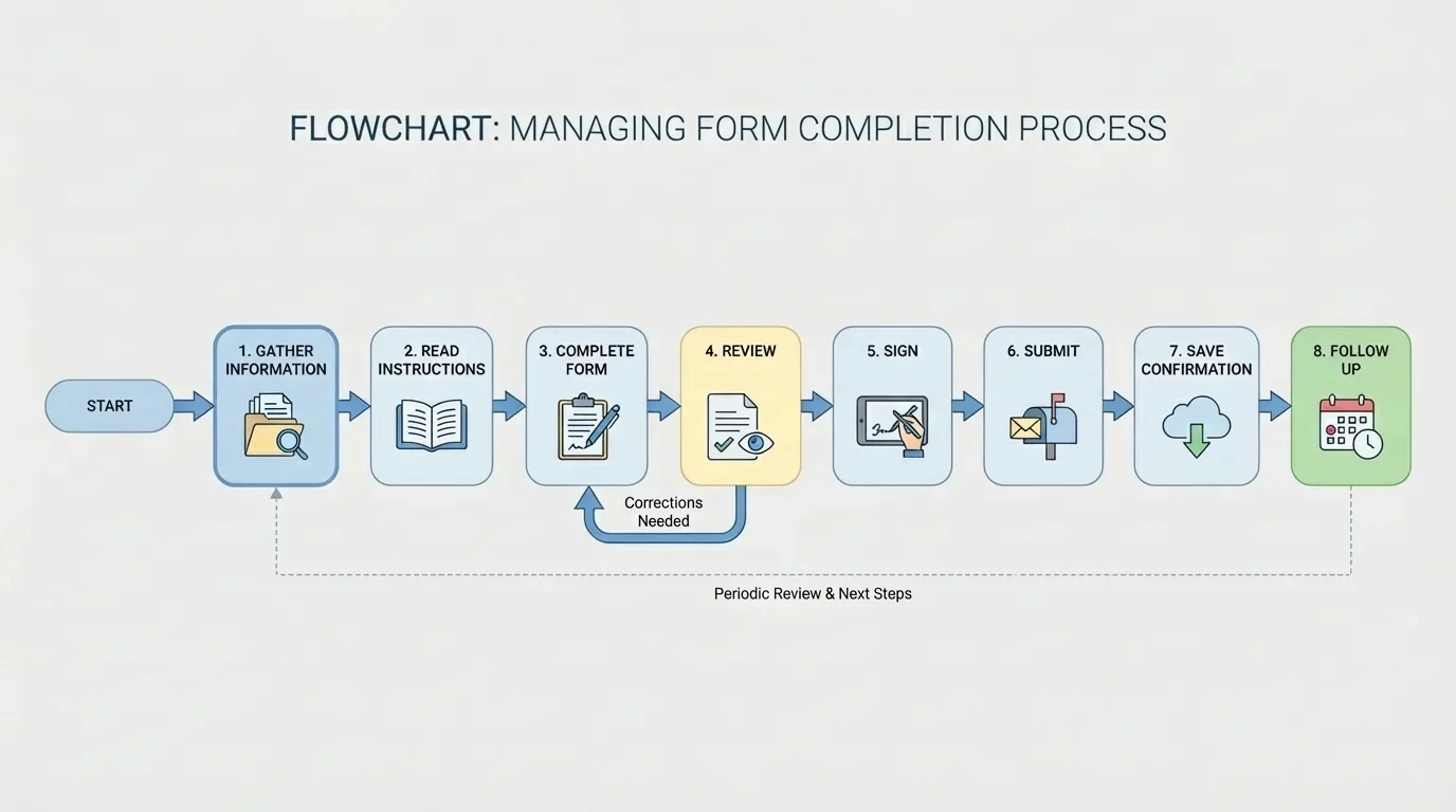 Flowchart of form completion process with steps gather information, read instructions, complete form, review, sign, submit, save confirmation, and follow up
